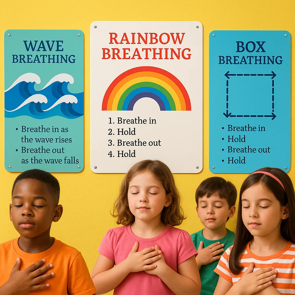 A wall display three different breathing technique posters created a school poster printer. The central poster features a rainbow breathing arc numbered steps, the left shows ocean waves for wave A wall display three different breathing technique posters created a school poster printer. The central poster features a rainbow breathing arc numbered steps, the left shows ocean waves for wave