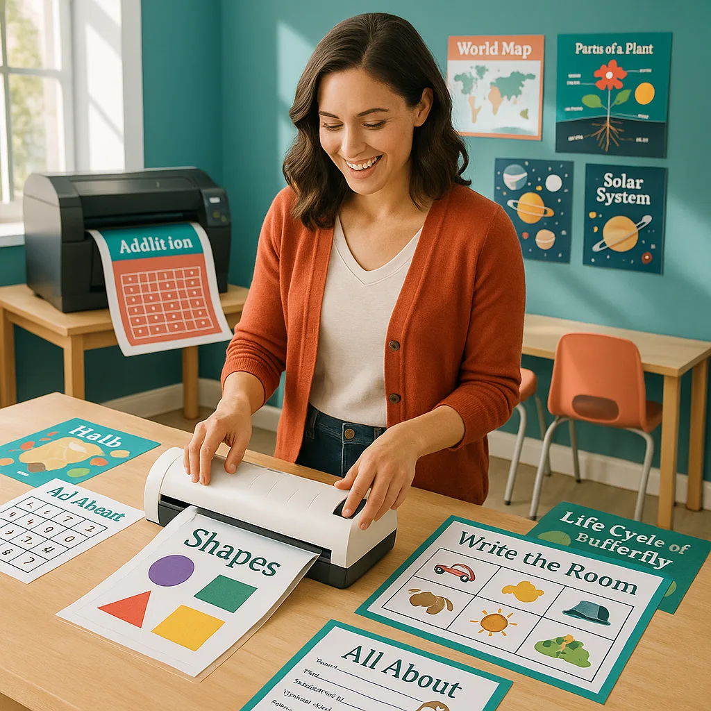 A bright, energetic classroom scene a teal and coral color scheme a teacher at a laminating station colorful educational materials spread out, worksheets, game boards, and learning cards. In the