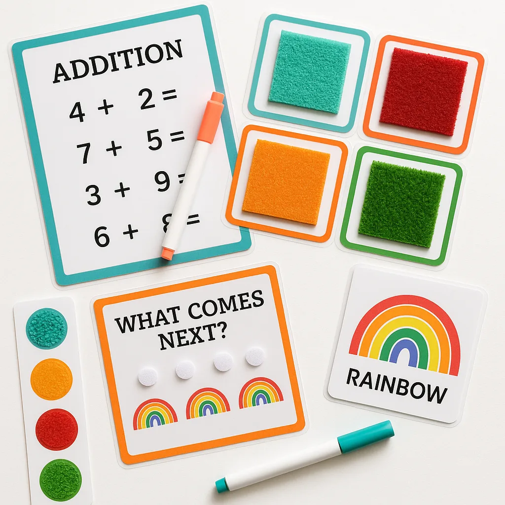 A close-up flat lay photograph of various laminated educational materials arranged on a white surface, dry-erase math worksheets colorful markers, sensory texture cards, interactive choice boards