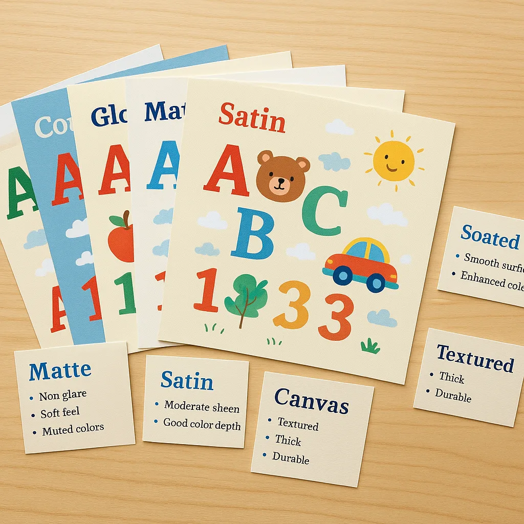 An organized display of six different paper types arranged in a fan pattern on a light wooden surface. Each paper sample shows the same colorful educational poster design (alphabet letters, An organized display of six different paper types arranged in a fan pattern on a light wooden surface. Each paper sample shows the same colorful educational poster design (alphabet letters,