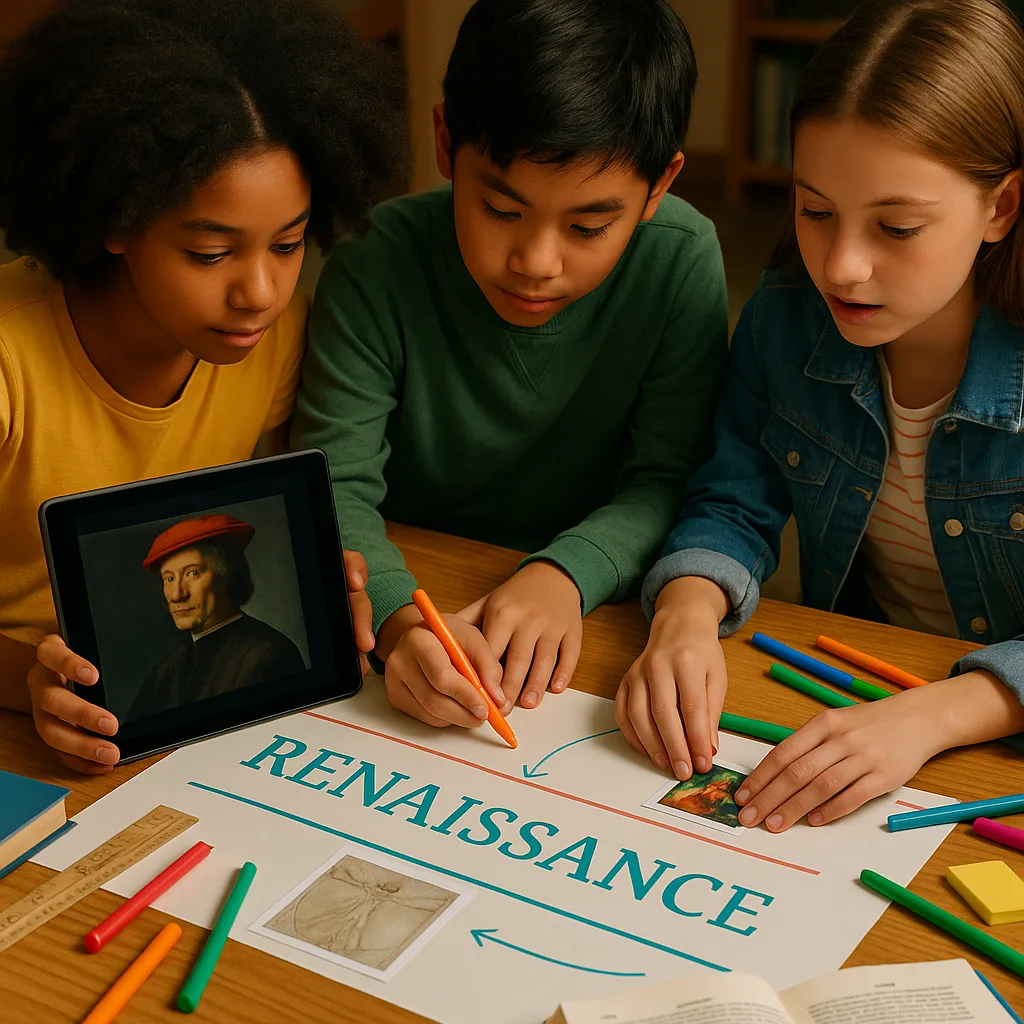 Close-up view of three middle school students huddled around a design table, collaborating on a timeline section about the Renaissance period. One student holds a tablet digital artwork, another