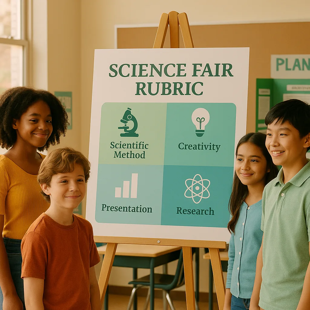 A bright, calming classroom scene a large-format science fair rubric poster displayed on an easel. The poster should have soft green and blue color blocks clear sections for different criteria