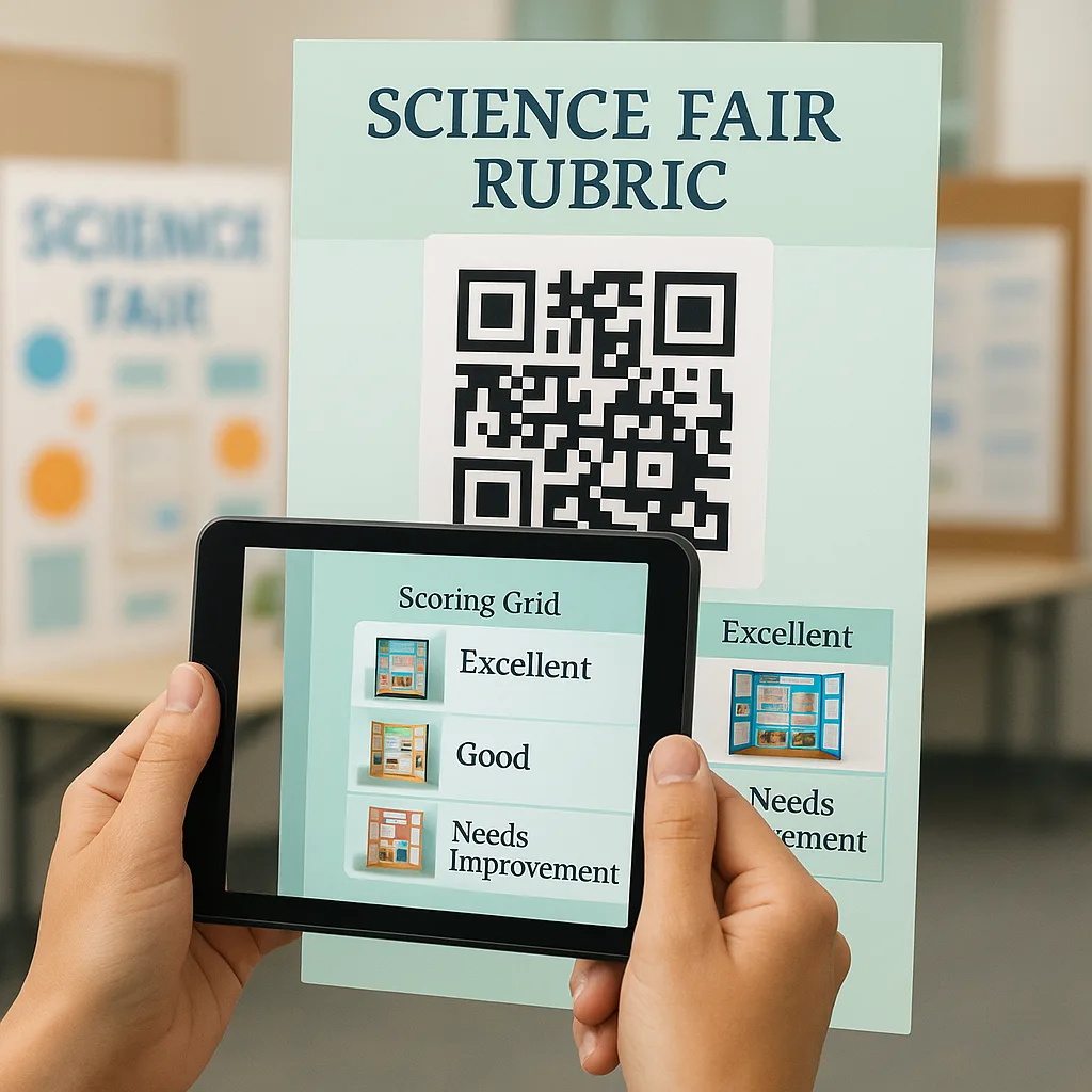 A close-up view of hands holding a tablet scanning a QR code on a colorful science fair rubric poster. The poster should show a scoring grid progressive visual examples – perhaps small photos A close-up view of hands holding a tablet scanning a QR code on a colorful science fair rubric poster. The poster should show a scoring grid progressive visual examples - perhaps small photos