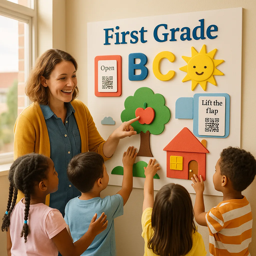 A bright, cheerful classroom scene a first-grade teacher and diverse students interacting a large wall poster that has 3D elements. The poster should have colorful lift-the-flap features, foam