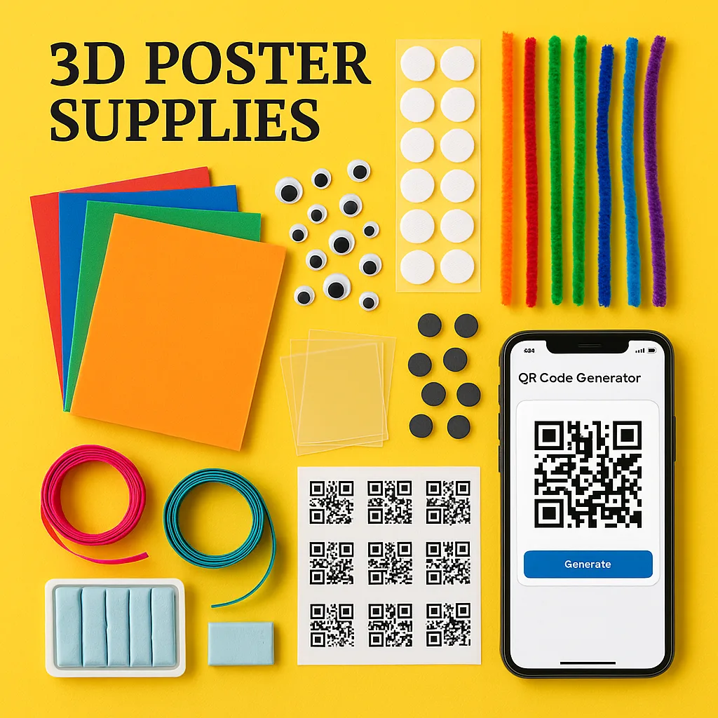 Design a flat-lay photograph of craft supplies arranged on a yellow background. Include colorful foam sheets, velcro dots, pipe cleaners, googly eyes, clear pockets, small magnets, ribbons, and Design a flat-lay photograph of craft supplies arranged on a yellow background. Include colorful foam sheets, velcro dots, pipe cleaners, googly eyes, clear pockets, small magnets, ribbons, and