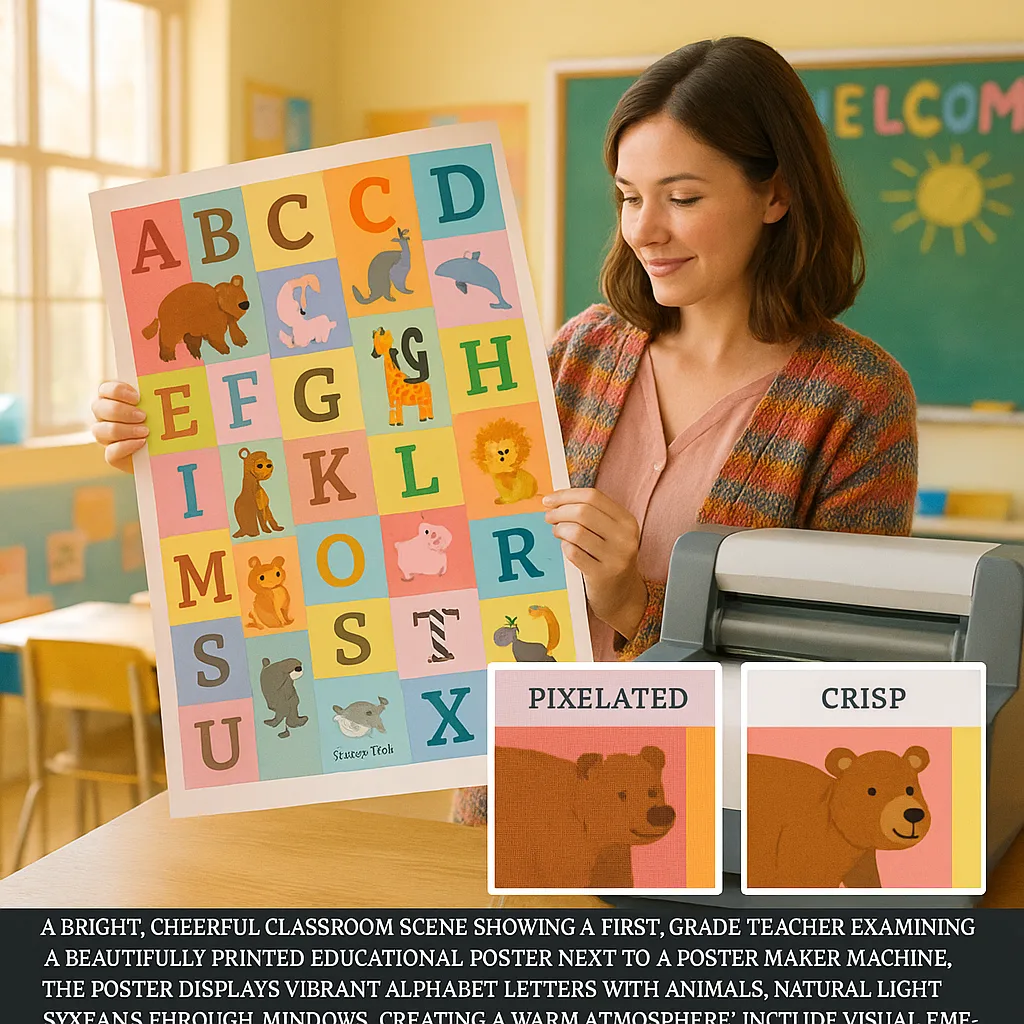 A bright, cheerful classroom scene a first-grade teacher (young woman shoulder-length brown hair, wearing a colorful cardigan) examining a beautifully printed educational poster next to a poster