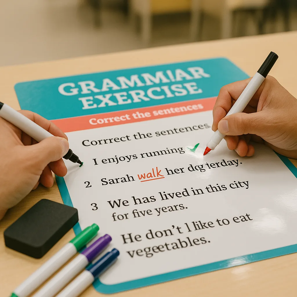 Close-up shot of hands using dry-erase markers on a laminated poster a grammar exercise. The poster has teal headers and coral accent colors. Show erasers and multiple colored markers nearby. Close-up shot of hands using dry-erase markers on a laminated poster a grammar exercise. The poster has teal headers and coral accent colors. Show erasers and multiple colored markers nearby.