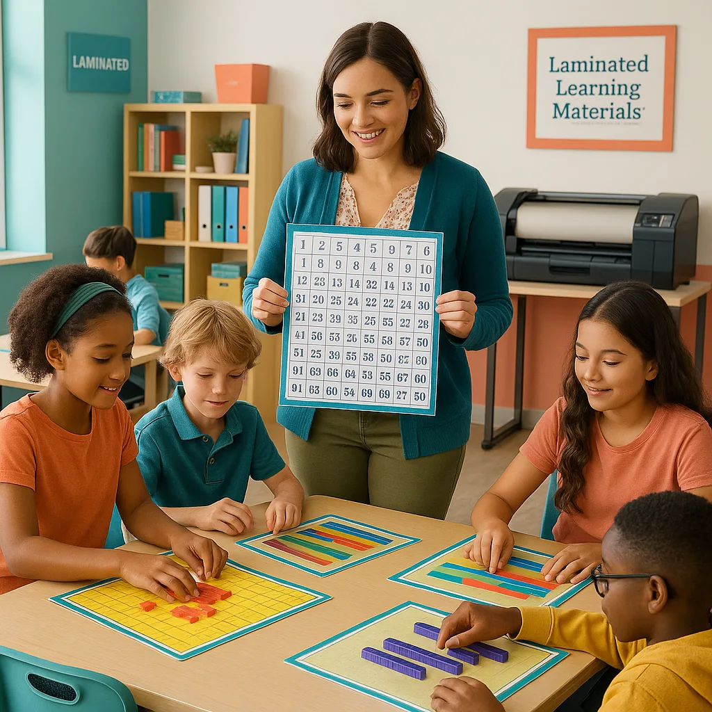 A classroom scene a teacher and diverse middle school students actively using laminated interactive learning materials. The teacher holds a large laminated math grid while students work colorful