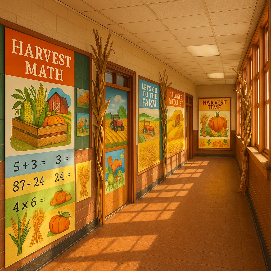A vibrant, wide-angle photograph of a rural Midwest elementary school hallway decorated colorful seasonal educational posters. The scene shows harvest-themed mathematics posters, agricultural