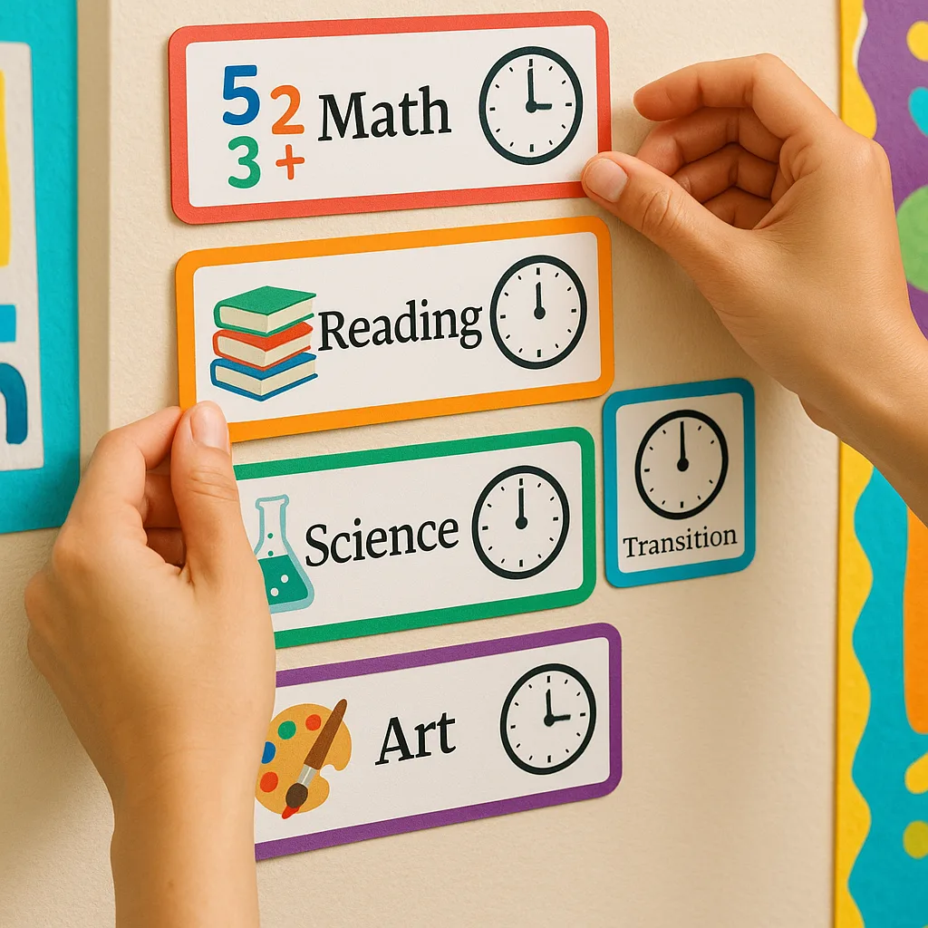 Design a close-up shot using Merriweather font of hands arranging colorful visual schedule cards on a classroom wall. Show picture cards for different subjects (math numbers, reading books, Design a close-up shot using Merriweather font of hands arranging colorful visual schedule cards on a classroom wall. Show picture cards for different subjects (math numbers, reading books,