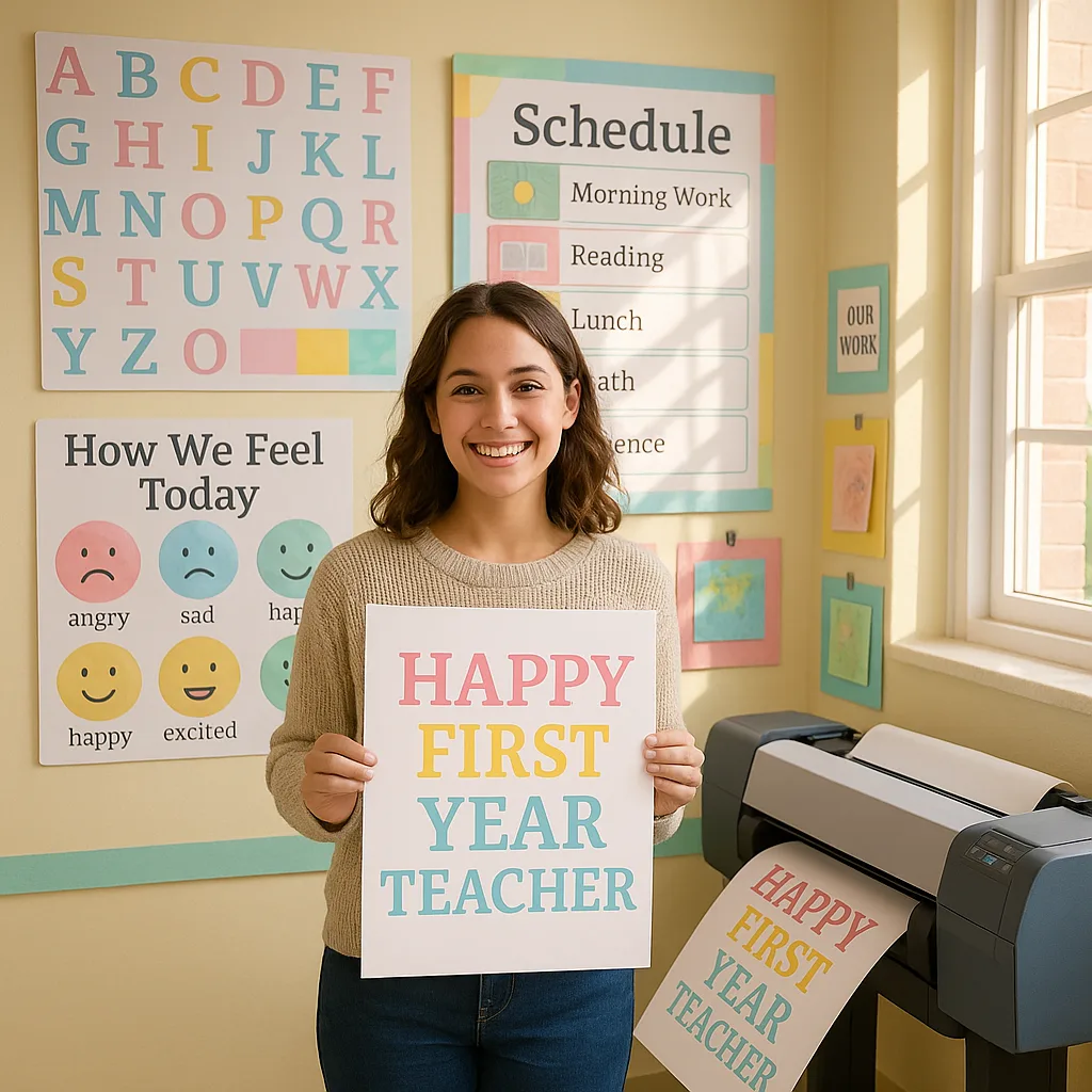 A bright, cheerful image using Merriweather font a happy first-year teacher (young woman a warm smile) standing in front of a colorful elementary classroom wall filled educational posters. The