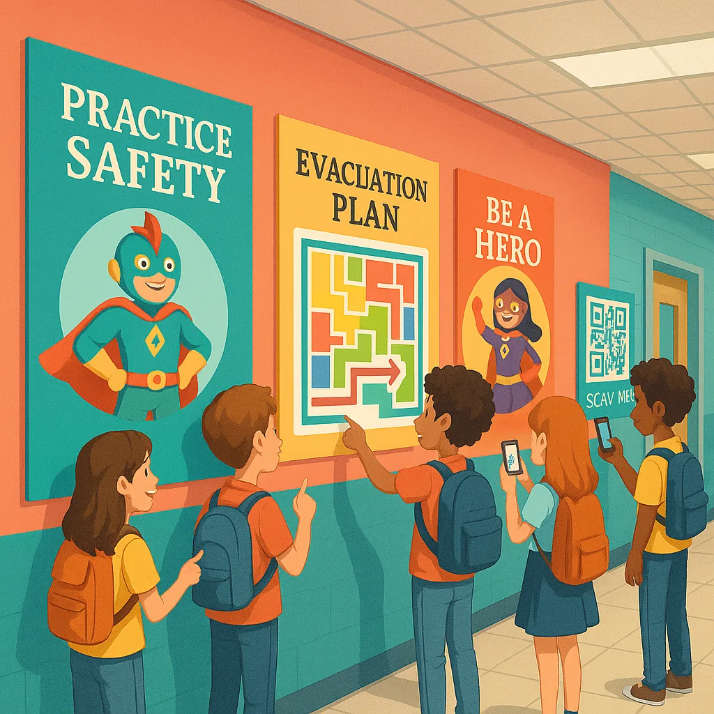 A vibrant, school hallway colorful safety posters on the walls. The posters feature cartoon safety superheroes, rainbow-colored evacuation maps, and interactive QR codes. Students are actively