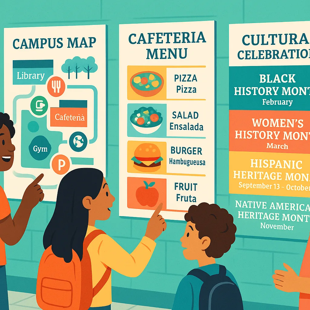 Design a school hallway scene multiple poster displays in action. Feature a 24-inch wide poster a campus map both icons and multilingual labels, another poster displaying cafeteria menu items Design a school hallway scene multiple poster displays in action. Feature a 24-inch wide poster a campus map both icons and multilingual labels, another poster displaying cafeteria menu items