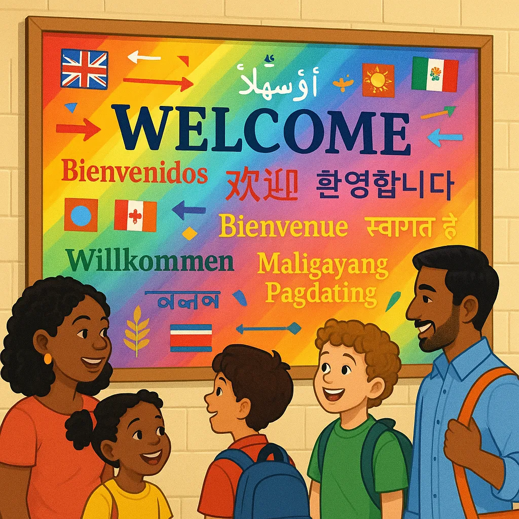 A vibrant, welcoming school entrance scene a large multilingual "Welcome" poster display greetings in various languages (English, Spanish, Arabic, Chinese, Korean, etc.) using the Merriweather