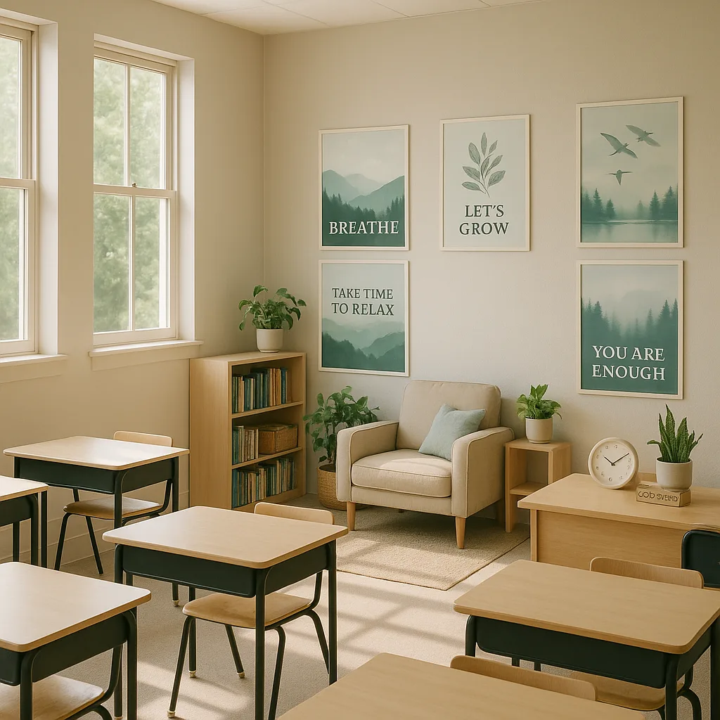 A serene classroom environment photographed from a corner angle, walls strategically placed nature-themed posters in soft blues and greens. Include a comfortable reading corner calming visual