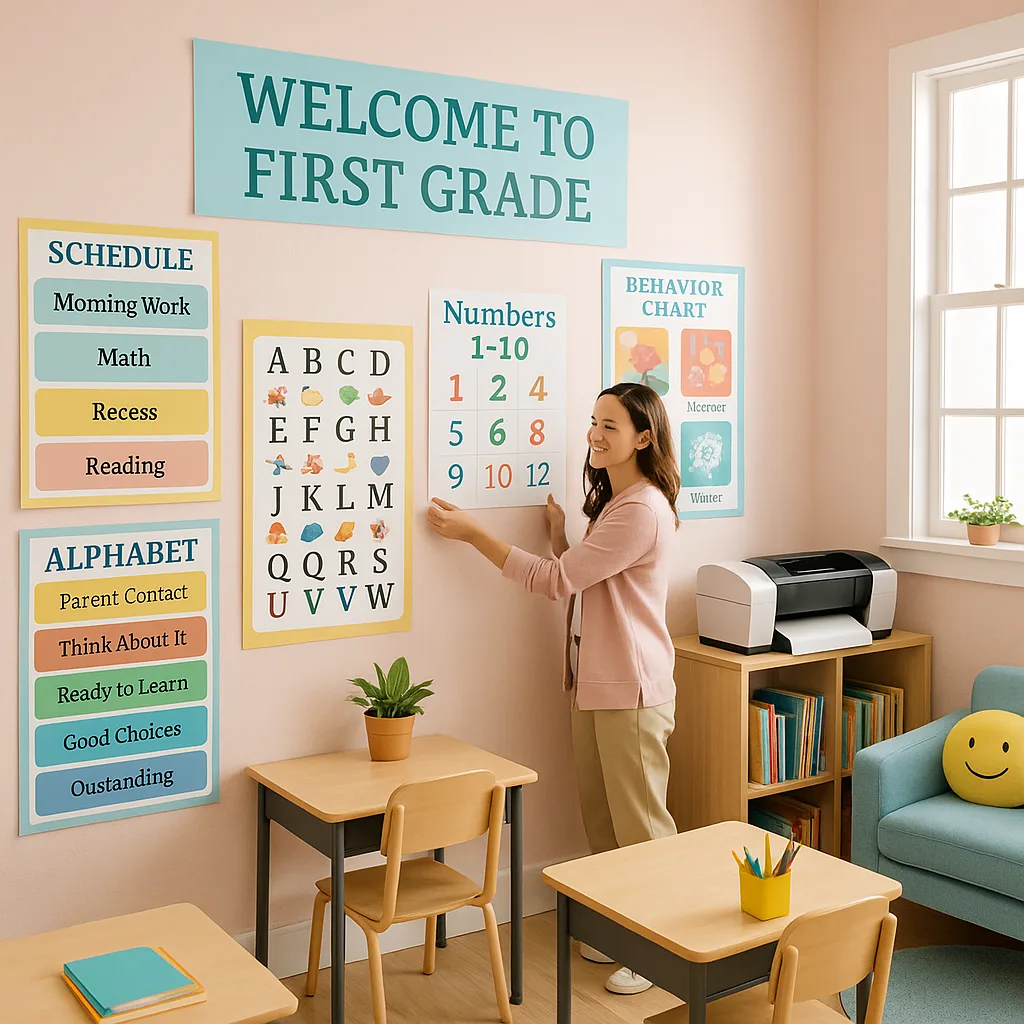 A bright, cheerful first-grade classroom organized walls colorful educational posters, visual schedules, behavior charts, and seasonal displays. Show a young female teacher (Sarah) arranging