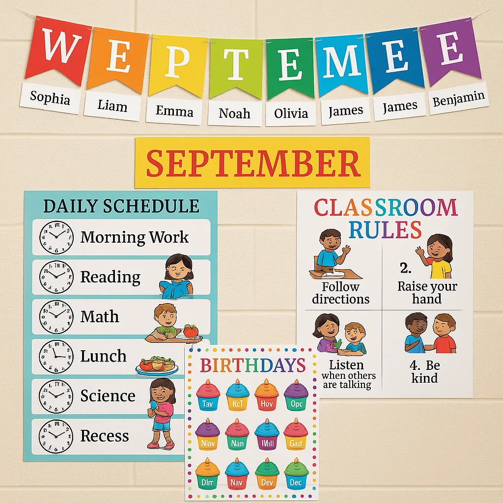 A September-themed classroom organization setup a visual daily schedule clock icons and subject pictures, a colorful birthday calendar cupcake graphics, classroom rules posters fun cartoon A September-themed classroom organization setup a visual daily schedule clock icons and subject pictures, a colorful birthday calendar cupcake graphics, classroom rules posters fun cartoon