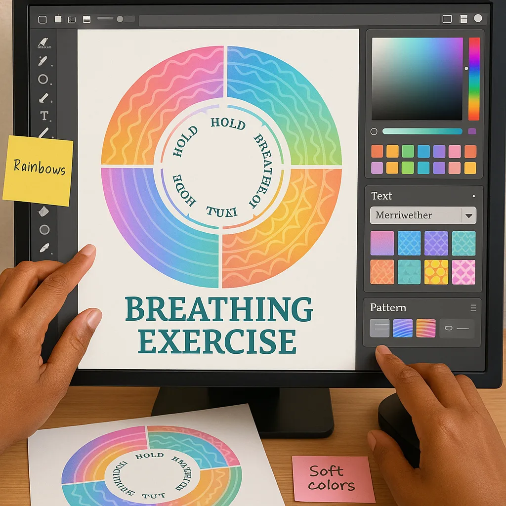 Design a close-up image of hands creating a personalized breathing exercise poster on a computer screen. The screen should show a circular breathing guide customizable colors and patterns. Include Design a close-up image of hands creating a personalized breathing exercise poster on a computer screen. The screen should show a circular breathing guide customizable colors and patterns. Include