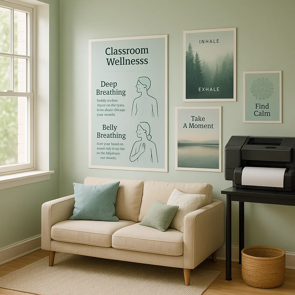 A calming, hero image a serene classroom wellness corner multiple stress-relief posters displayed. Include a comfortable seating area soft pillows, natural lighting streaming through windows, and