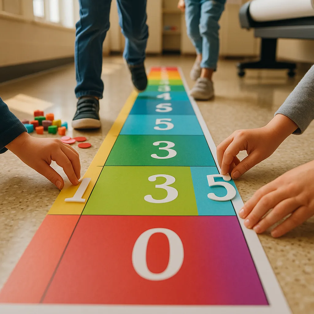 A close-up view of first-grade students creating an interactive number line poster. Show small hands placing velcro numbers on a long, colorful banner that stretches across the floor. Include math A close-up view of first-grade students creating an interactive number line poster. Show small hands placing velcro numbers on a long, colorful banner that stretches across the floor. Include math
