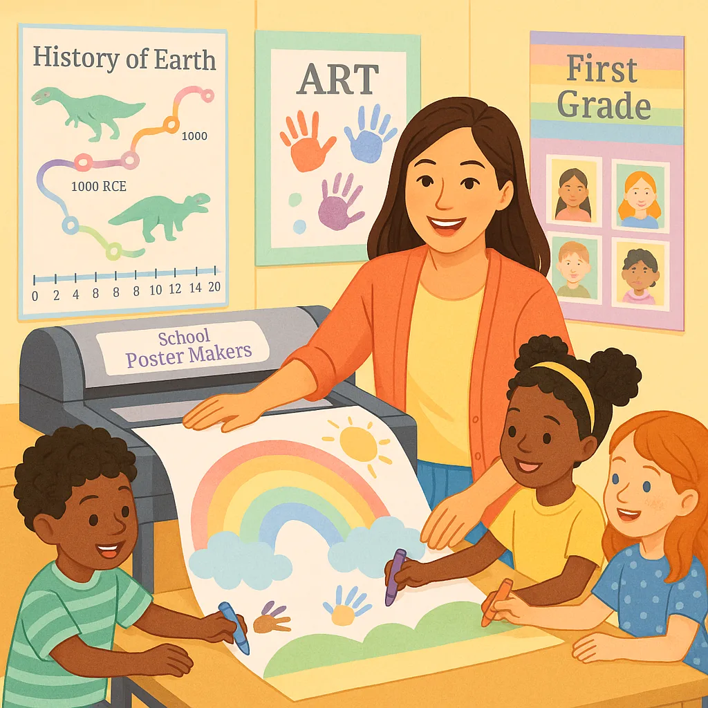 A bright, cheerful classroom scene a young female teacher (Sarah Nguyen) surrounded by colorful poster projects on the walls. She's helping diverse first-grade students work on a large