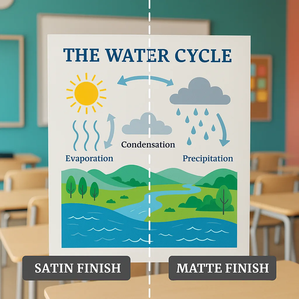 A bright, engaging hero image a split-screen comparison of the same educational poster printed on satin finish (left side) and matte finish (right side) papers. The poster should feature colorful