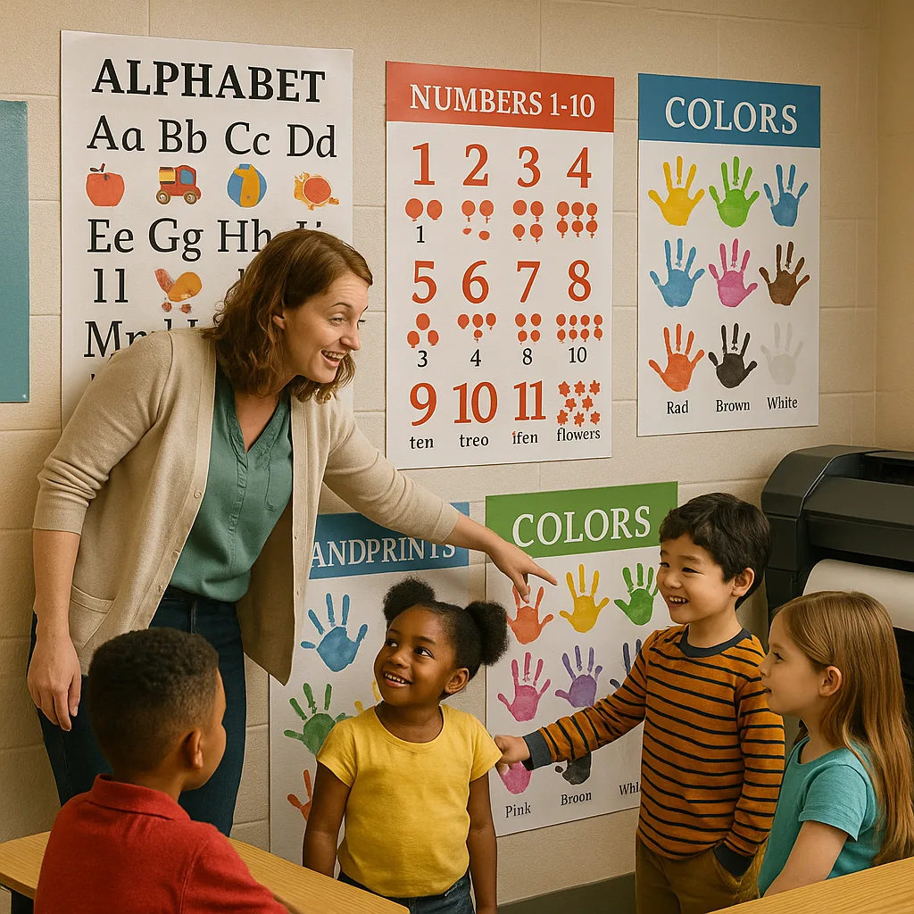 A bright, colorful classroom scene a teacher and diverse elementary students interacting various poster types on the walls. Include visible textures of different paper types - glossy, matte, and
