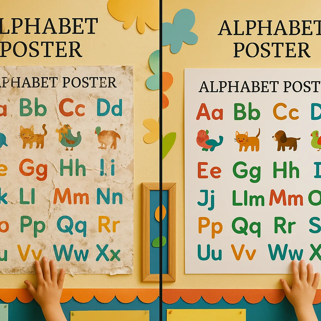 Split-screen comparison two posters side by side – on the left, a weathered standard paper poster tears and smudges in an elementary classroom setting visible sticky fingerprints. On the right, a Split-screen comparison two posters side by side - on the left, a weathered standard paper poster tears and smudges in an elementary classroom setting visible sticky fingerprints. On the right, a