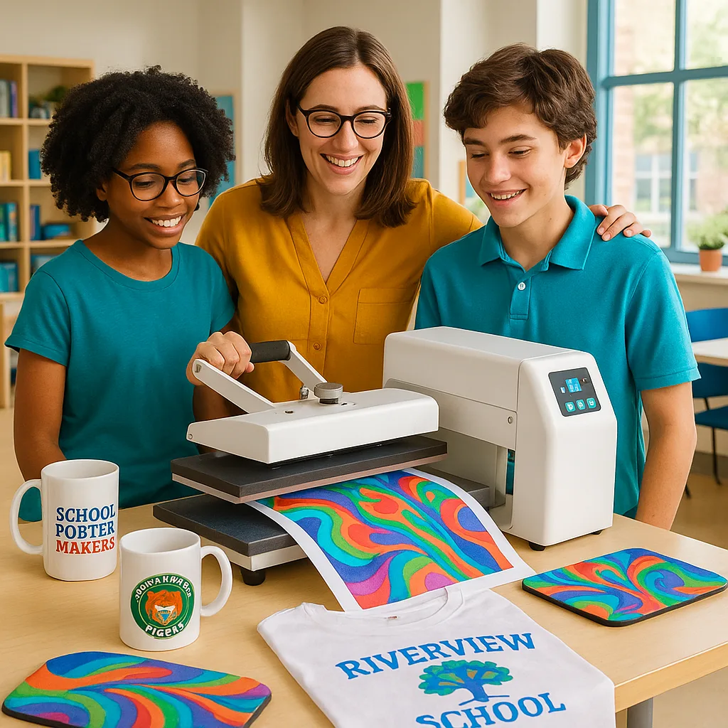A bright, school office or classroom setting a teacher and two diverse students (one boy, one girl, ages 12-14) working together at a poster maker machine. The machine should be producing colorful