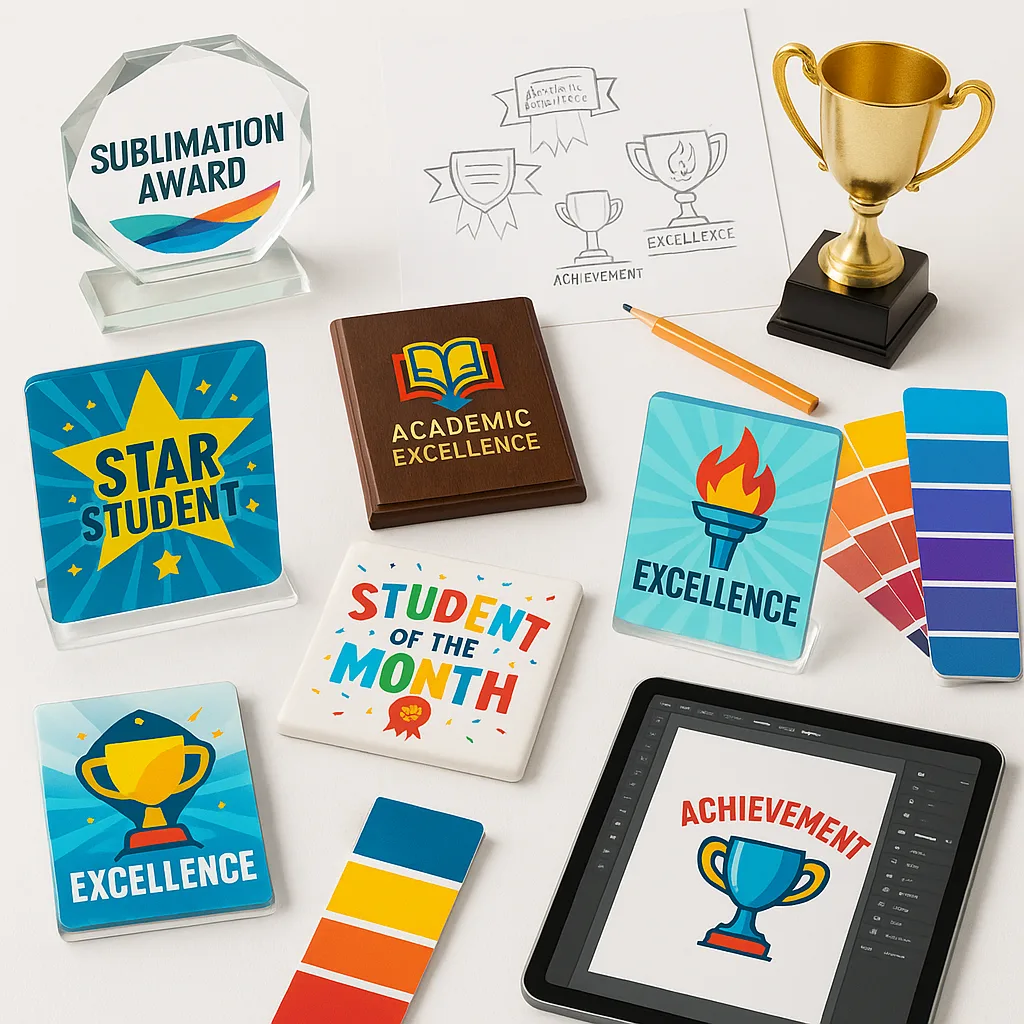 An overhead flat lay composition showcasing various sublimation award products arranged on a white surface. Include crystal awards, wooden plaques, metal trophies, ceramic tiles, and acrylic An overhead flat lay composition showcasing various sublimation award products arranged on a white surface. Include crystal awards, wooden plaques, metal trophies, ceramic tiles, and acrylic