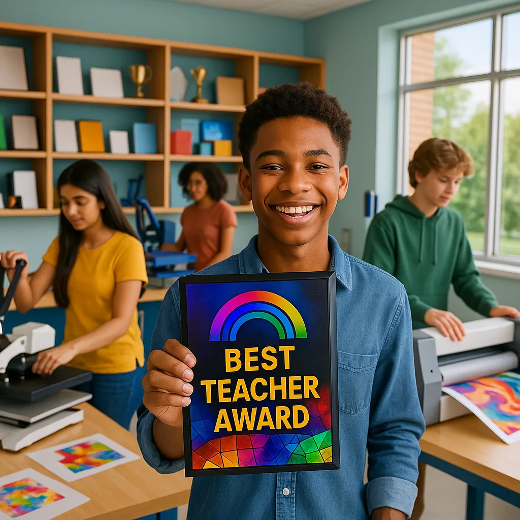 A vibrant, classroom workshop space diverse high school students operating sublimation equipment. In the foreground, a student proudly holds up a gleaming custom award plaque colorful graphics.