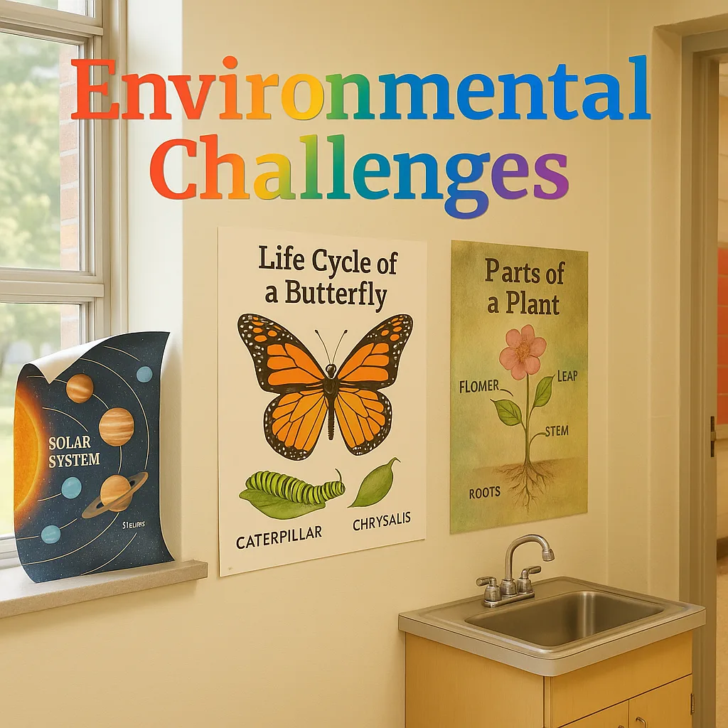 A bright, engaging classroom scene various poster displays in different environmental conditions - some near windows sunlight, others in humid areas like near sinks, and some in high-traffic