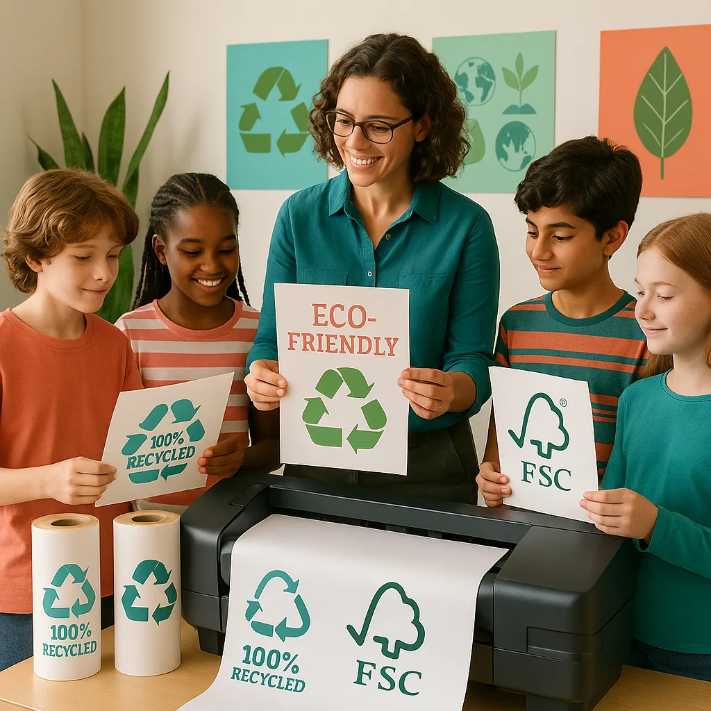 A bright, classroom scene a teacher and diverse middle school students examining different eco-friendly poster paper samples near a large format printer. Use teal (#26A69A) and coral (#FF6F61)
