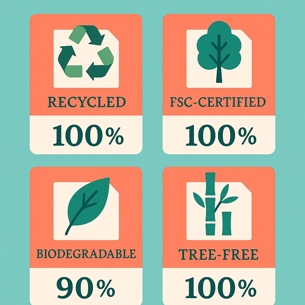 Design an infographic-style comparison chart 4 types of eco-friendly poster papers (recycled, FSC-certified, biodegradable, tree-free) visual icons for each. Use a bright, colorful palette teal