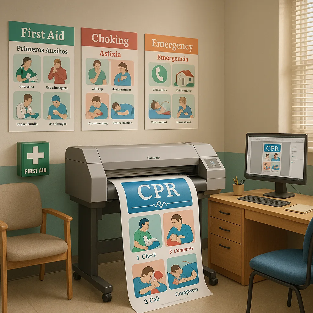 A calming, school nurse's office a poster printing machine (Campus Pro series) creating colorful first aid visual guides. The scene shows a warm, organized health office soft natural lighting,