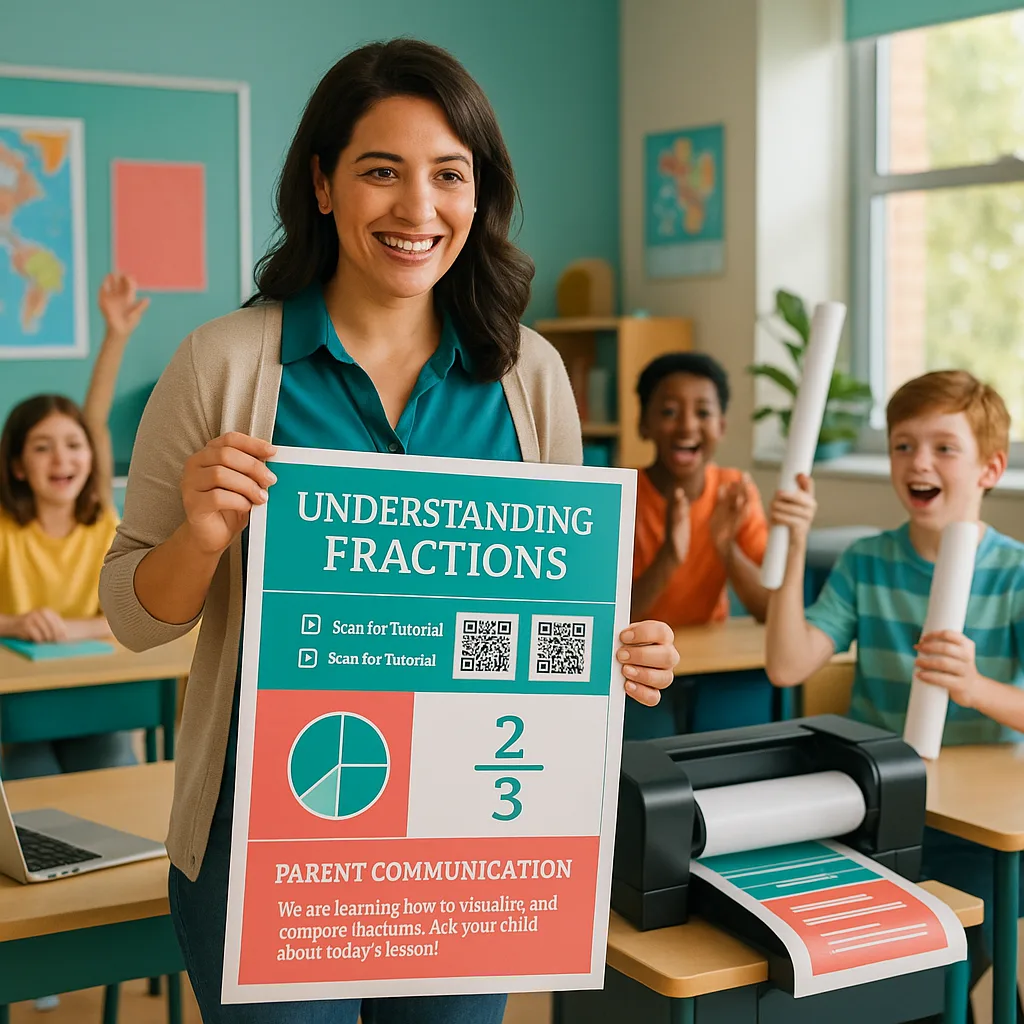 A vibrant, classroom scene a female middle school teacher (Rachel Torres, Latina, early 30s, wearing casual attire) holding a large colorful educational poster fresh from a poster printer. The