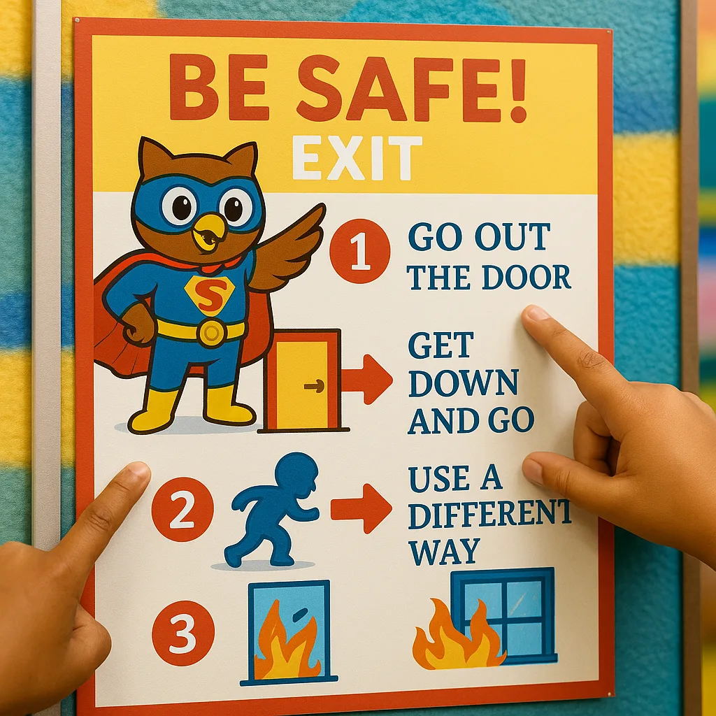 A close-up photograph of an elementary school safety poster a friendly cartoon mascot (like a safety superhero owl) demonstrating proper emergency exit procedures. The poster uses primary colors A close-up photograph of an elementary school safety poster a friendly cartoon mascot (like a safety superhero owl) demonstrating proper emergency exit procedures. The poster uses primary colors