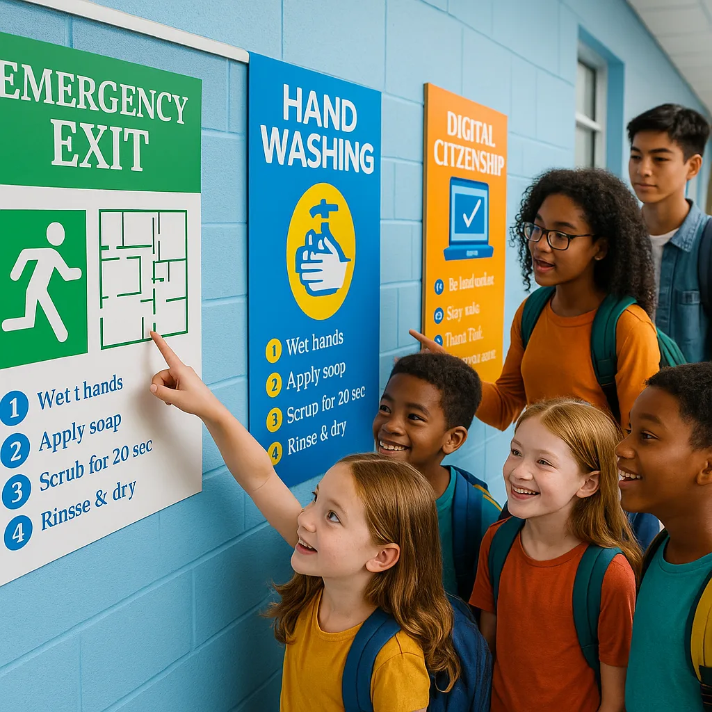 A vibrant, photograph a diverse group of students (elementary through high school age) actively engaged colorful safety posters displayed throughout a school hallway. The scene captures students