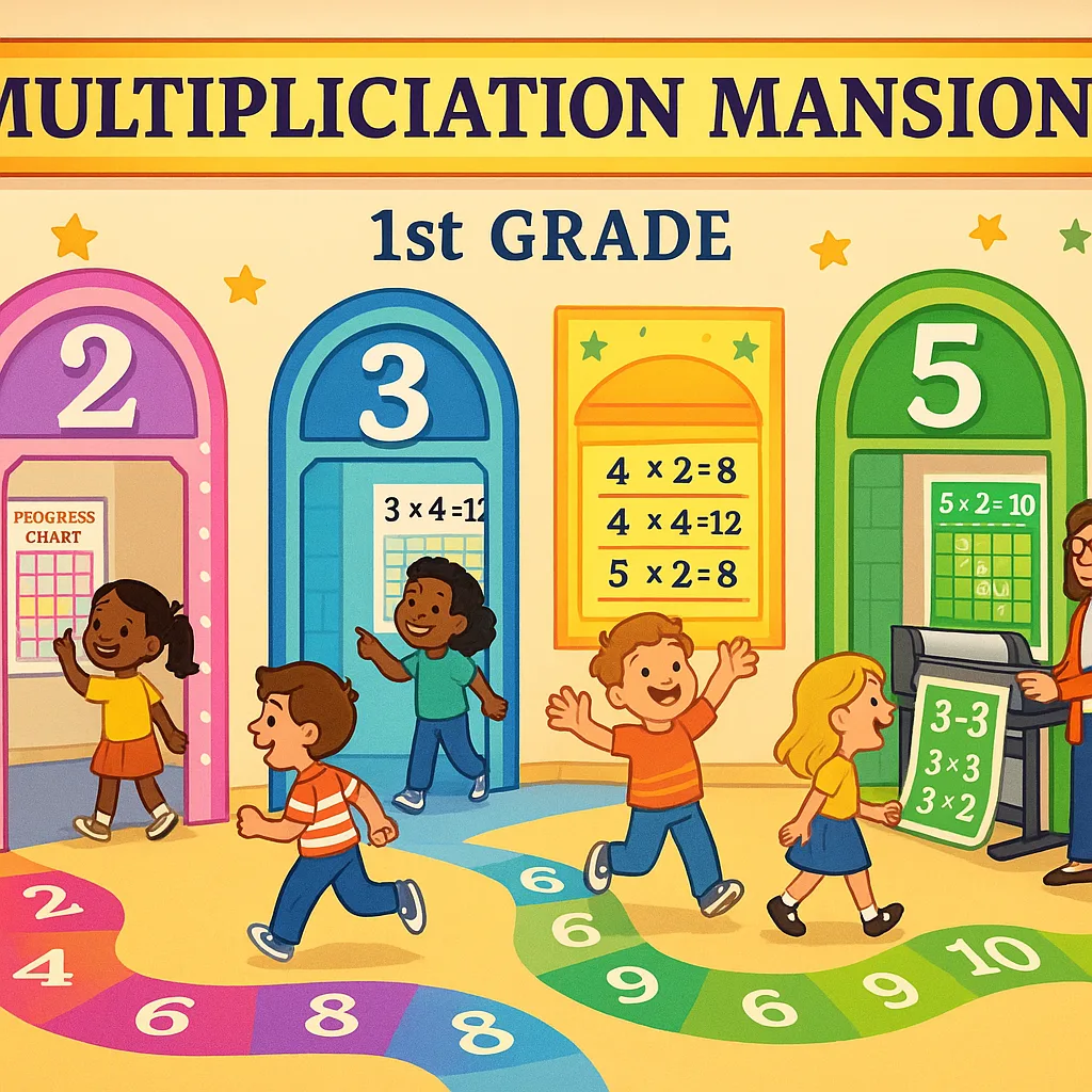 A bright, cheerful classroom scene using the Merriweather font for any text. Show a first-grade classroom transformed into a "Multiplication Mansion" different colorful wall sections representing