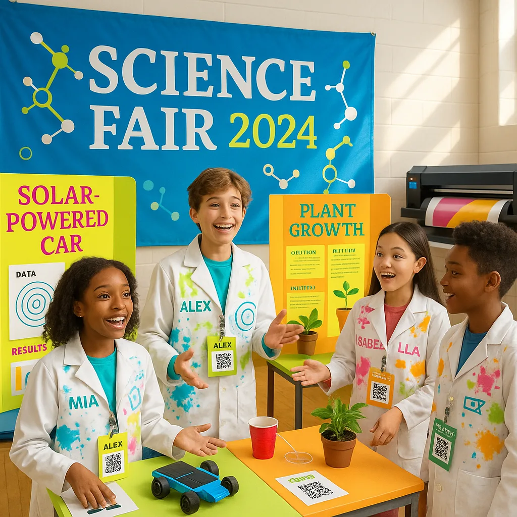 A vibrant, science fair scene using Merriweather font for any text. Show diverse middle school students (ages 11-14) in custom white lab coats colorful sublimated designs their names and science