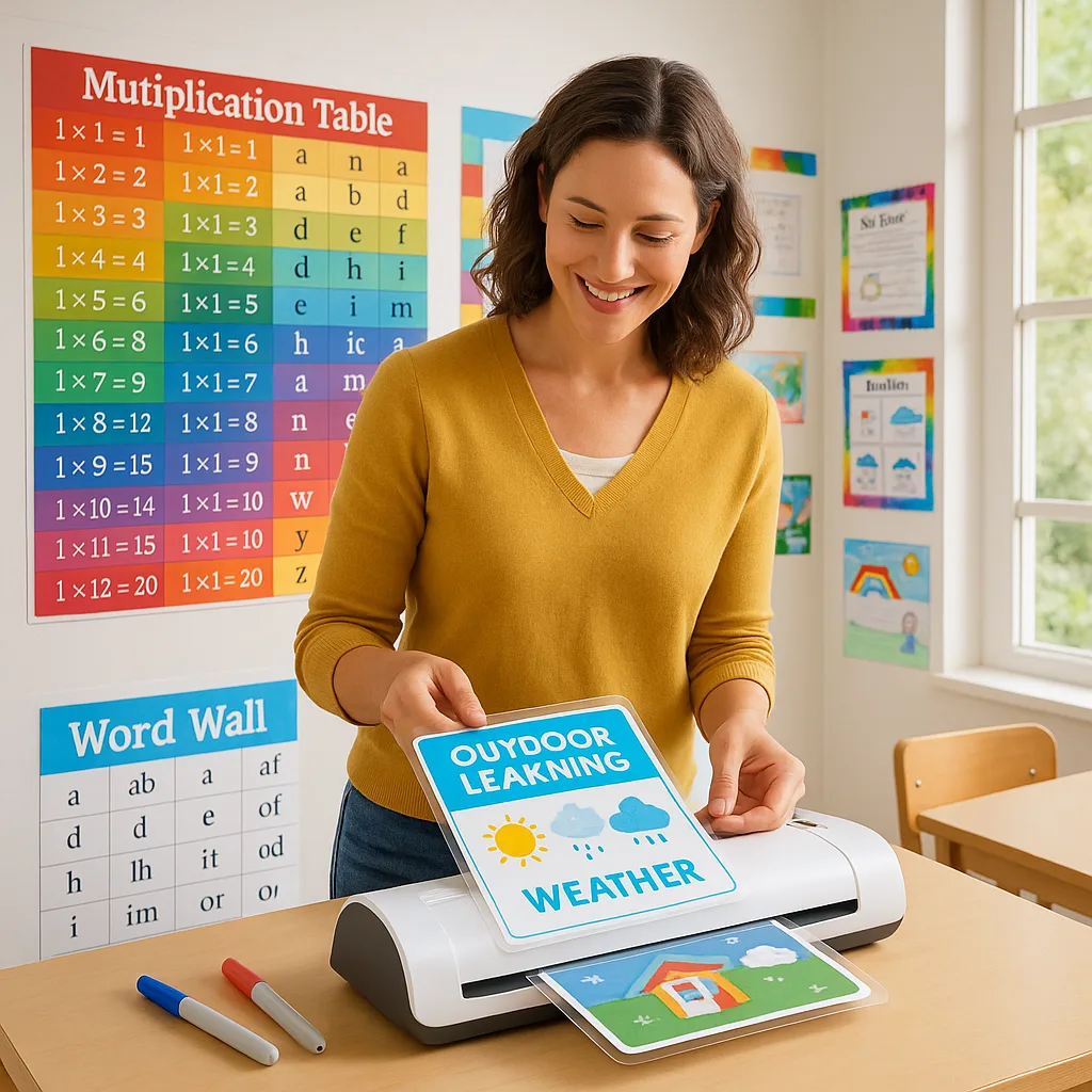 A bright, engaging classroom scene a teacher using a laminator colorful educational posters visible in the background. The image should feature a clean, organized workspace laminated materials