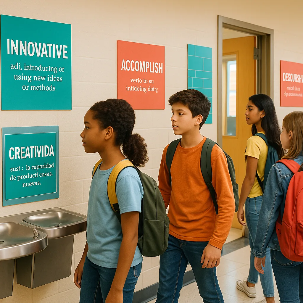 A bright, educational scene a school hallway vocabulary posters strategically placed on walls near water fountains, doorways, and high-traffic areas. Include diverse middle school students
