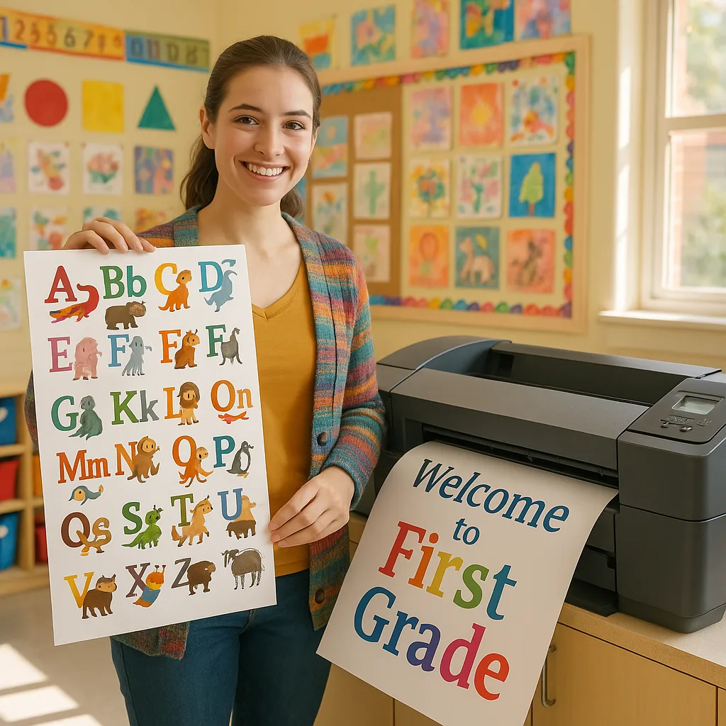 A bright, cheerful classroom scene a first-grade teacher (young woman brown hair in a ponytail, wearing a colorful cardigan) standing next to a poster printer machine. She's holding up a