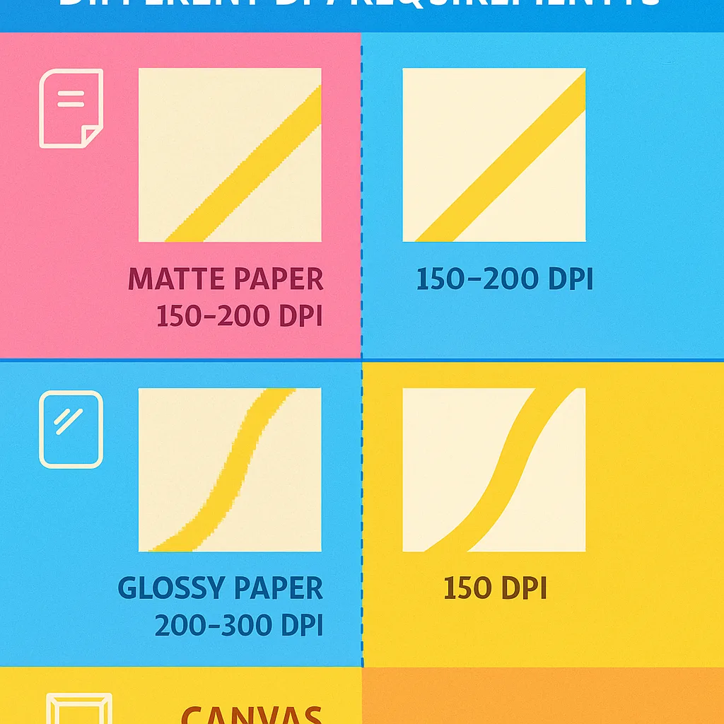 Design an infographic different DPI requirements for various paper types. Create a split-screen comparison three sections: left side shows pixelated/low-resolution versions, right side shows Design an infographic different DPI requirements for various paper types. Create a split-screen comparison three sections: left side shows pixelated/low-resolution versions, right side shows