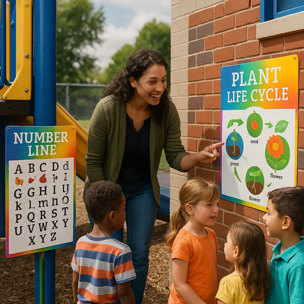 A outdoor classroom scene colorful weather-resistant educational posters displayed on playground equipment, garden stakes, and sports facility walls. Show posters in various weather conditions -