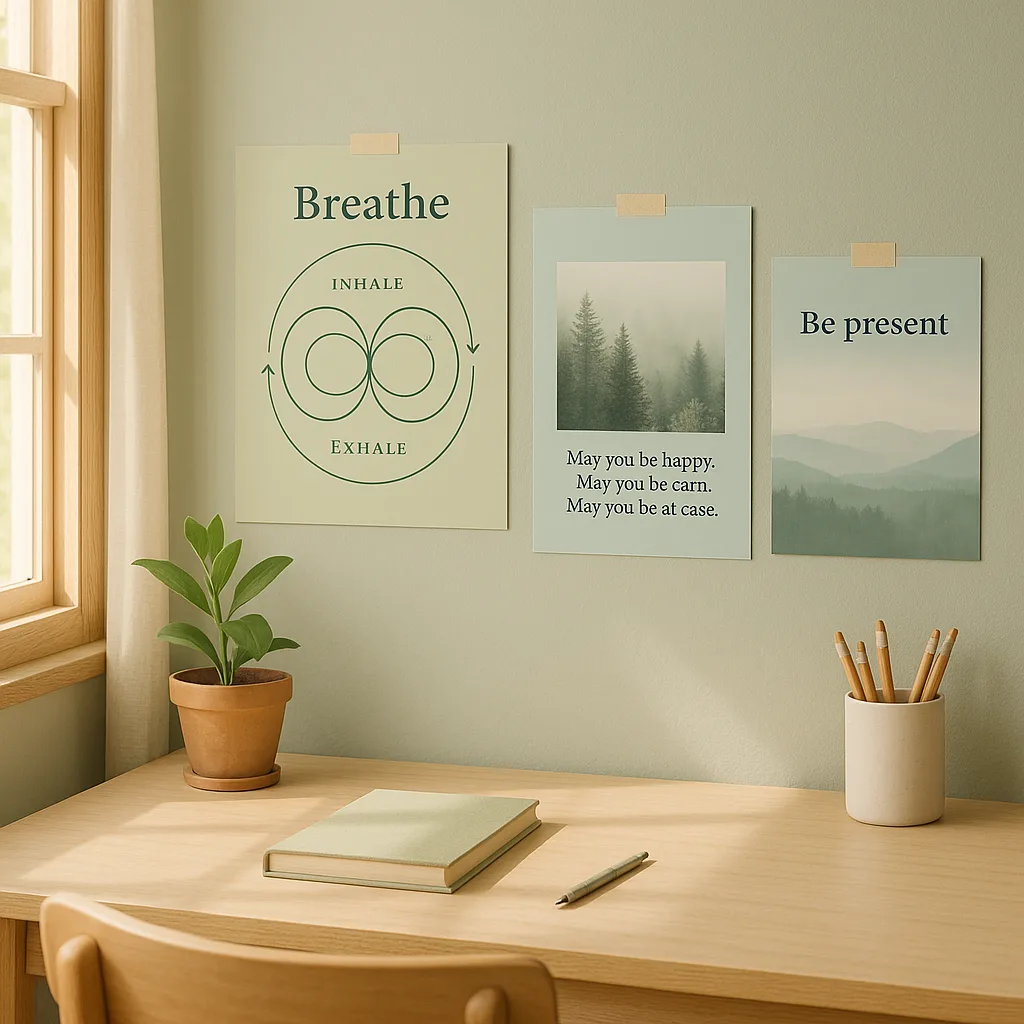 A serene teacher's desk workspace multiple calming wellness posters on soft green and blue backgrounds. Include a breathing exercise poster circular patterns, a mindfulness affirmation display