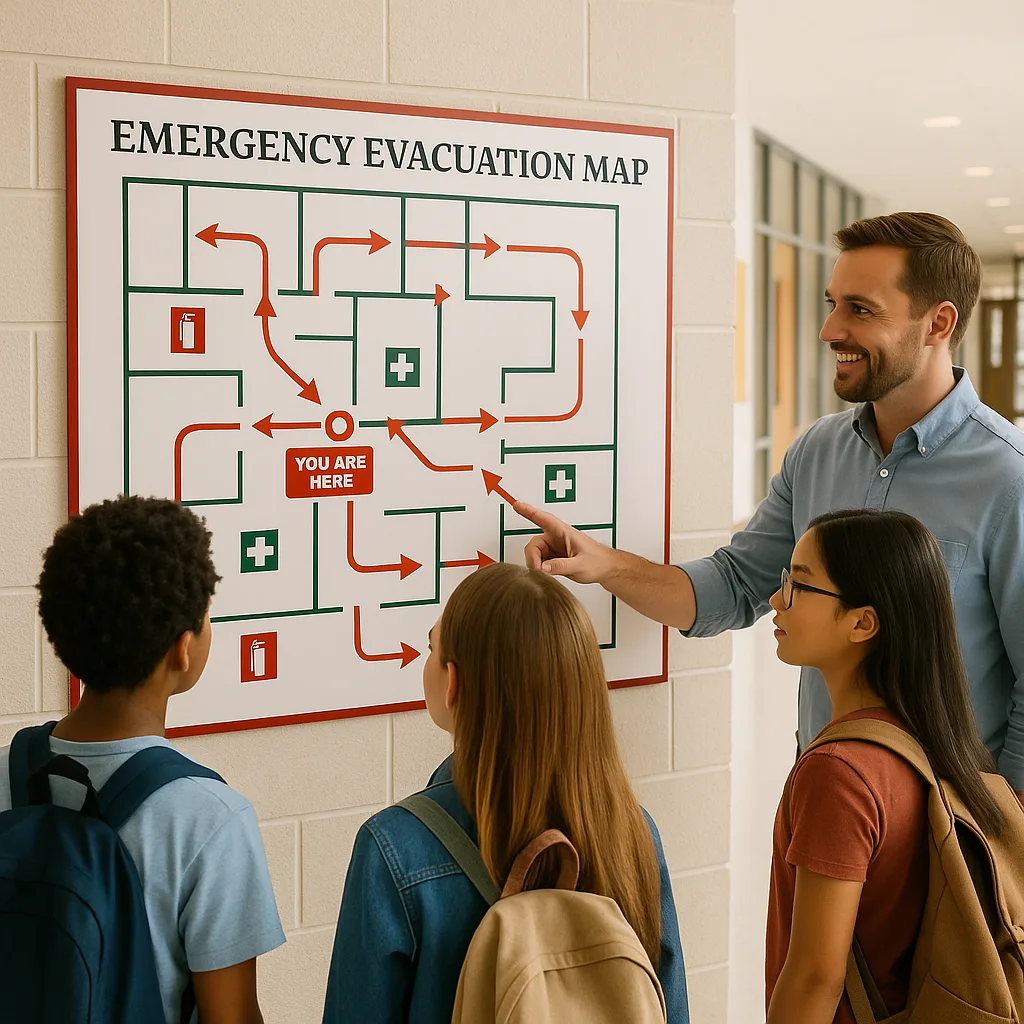 A bright, classroom or school hallway a large, colorful emergency evacuation map prominently displayed on the wall. The map should show clear color-coded routes arrows, "You Are Here" markers, and