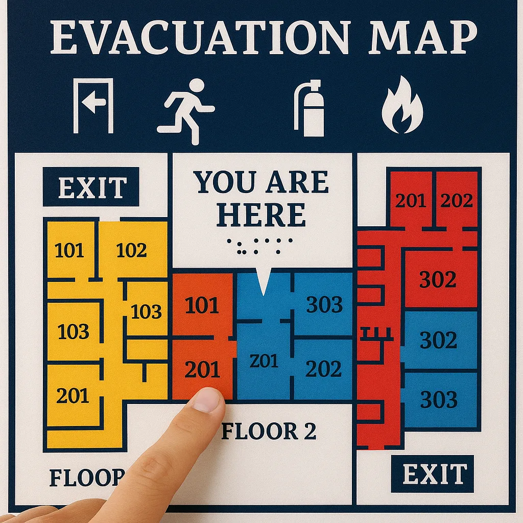 A close-up view of an ADA-compliant evacuation map high-contrast colors (black on white or white on dark blue), large sans-serif fonts, clear tactile elements or braille labels, and universal ADA compliant evacuation map example