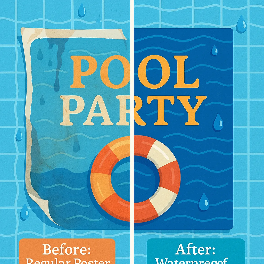 Design an infographic-style image the comparison between a damaged, water-stained traditional poster and a pristine waterproof laminated poster in a pool environment. Split the image down the Design an infographic-style image the comparison between a damaged, water-stained traditional poster and a pristine waterproof laminated poster in a pool environment. Split the image down the