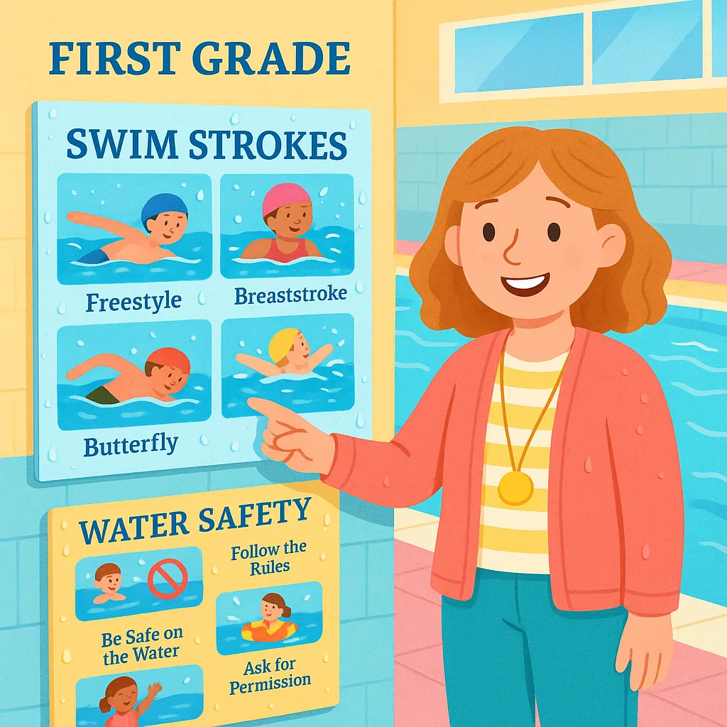 A bright, cheerful illustration a first-grade teacher standing poolside next to colorful, laminated educational posters about swimming techniques and water safety. The teacher should be smiling